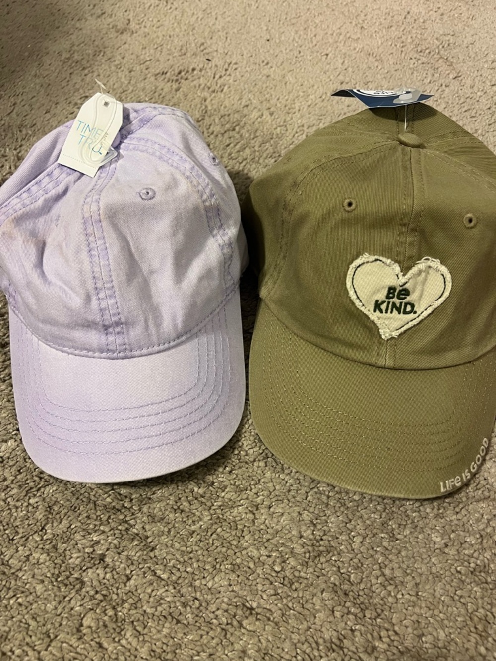 Lilac Baseball Cap + Olive 'Be Kind' Baseball Cap